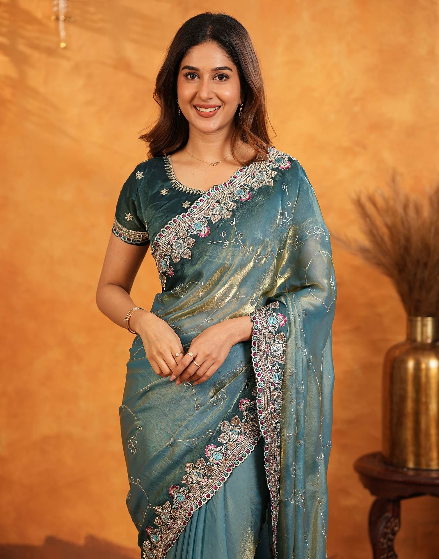 Teal Blue Tissue Silk Stone Work Embroidery Saree