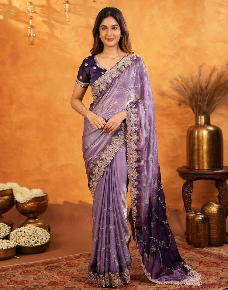 Purple Tissue Silk Stone Work Embroidery Saree