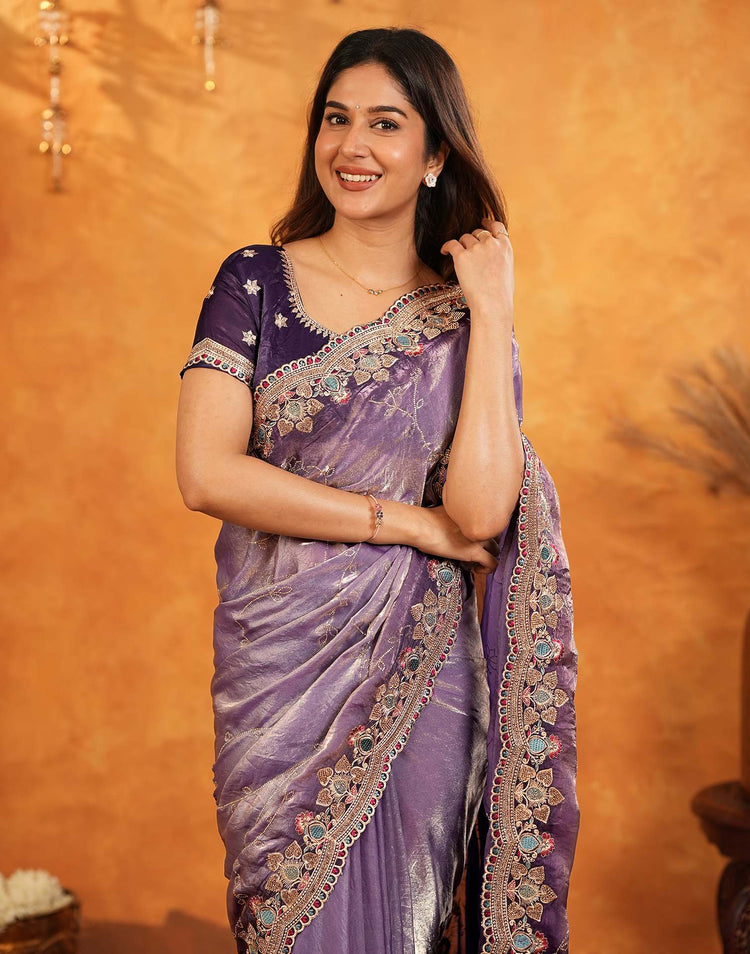 Purple Tissue Silk Stone Work Embroidery Saree