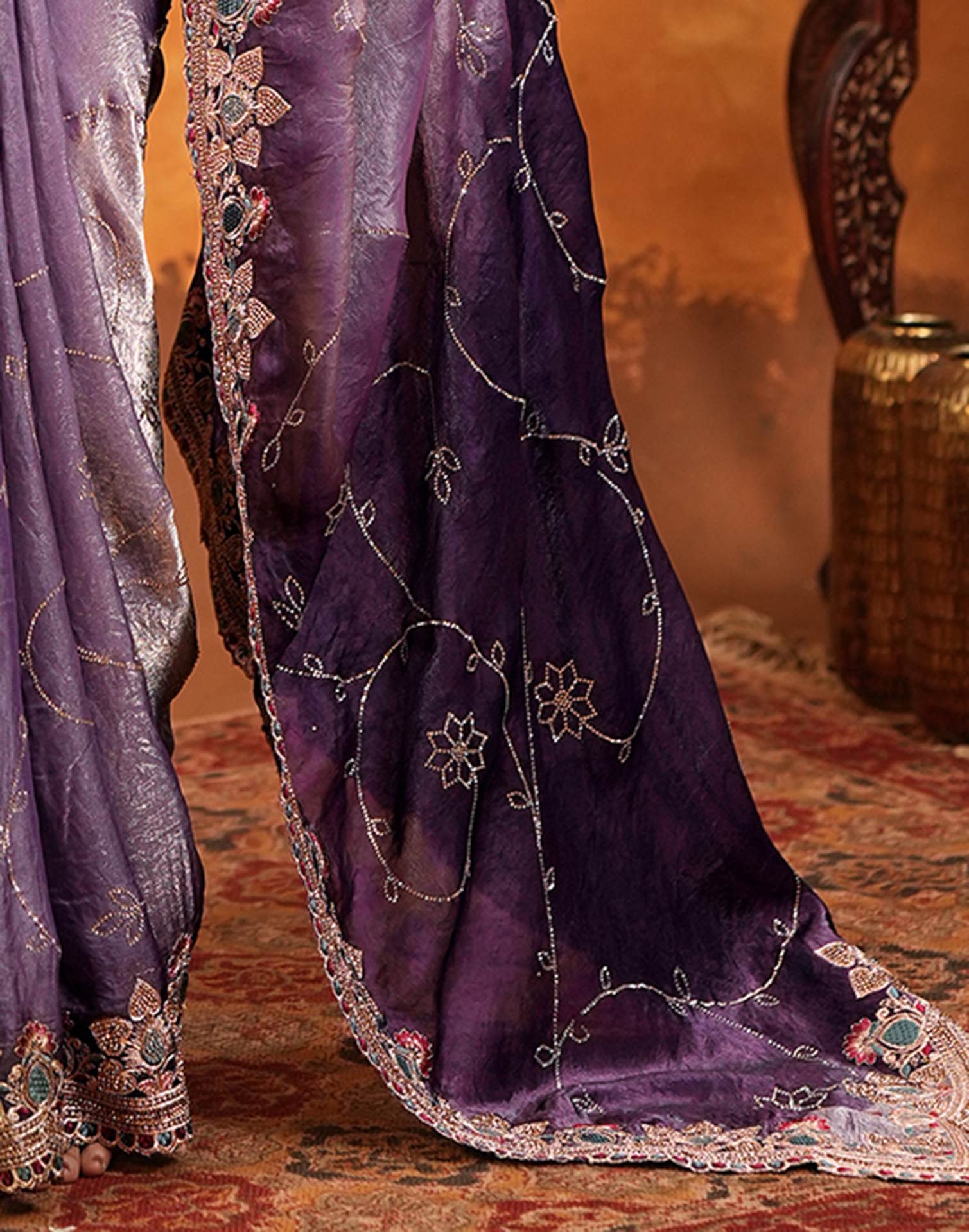Purple Tissue Silk Stone Work Embroidery Saree