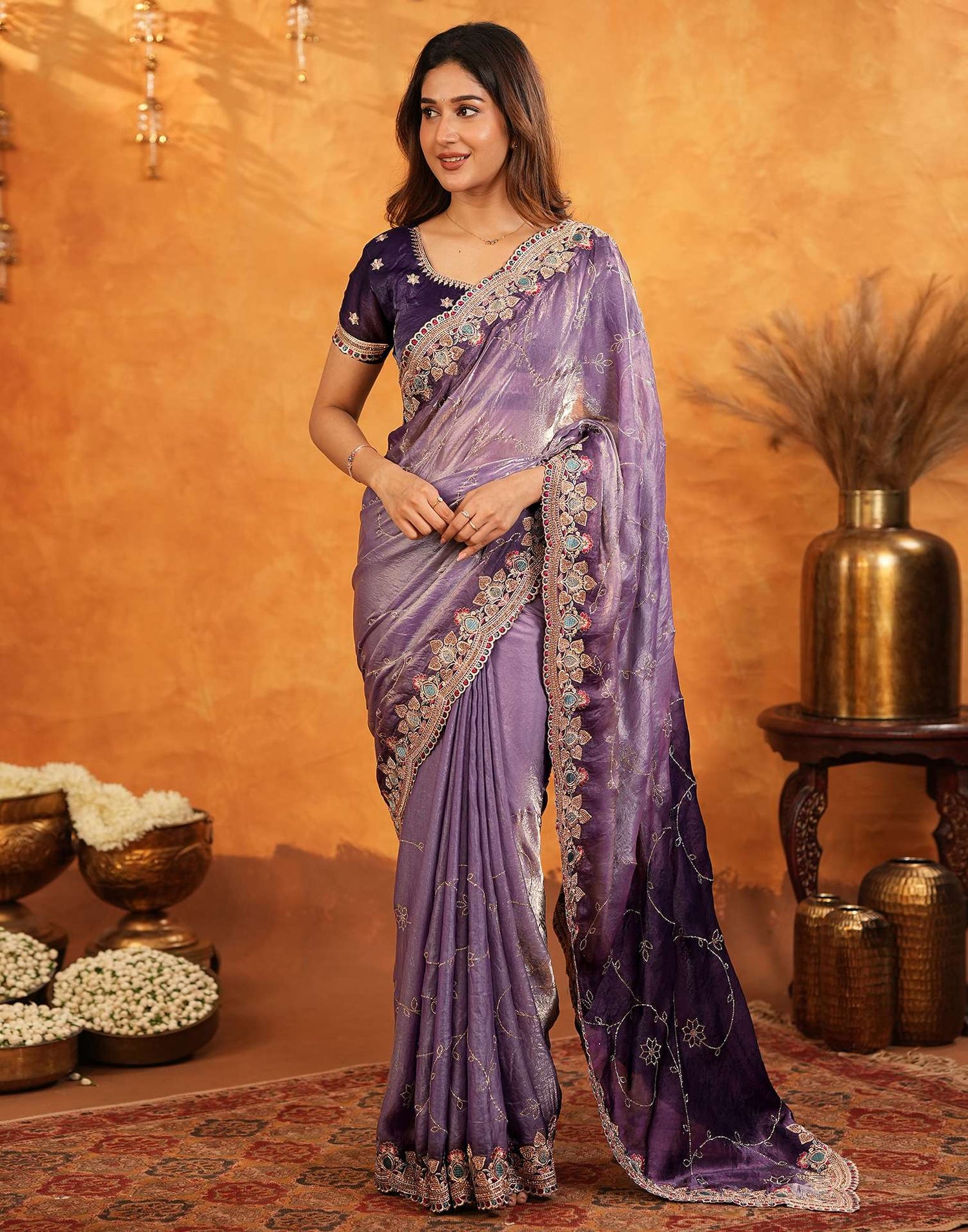 Purple Tissue Silk Stone Work Embroidery Saree
