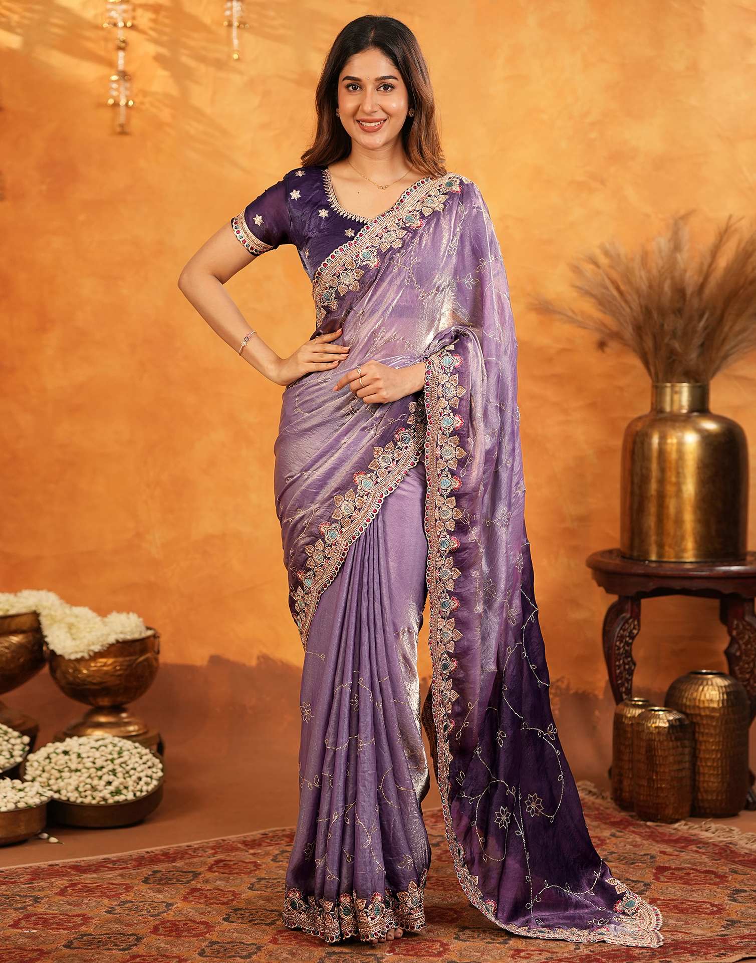 Purple Tissue Silk Stone Work Embroidery Saree
