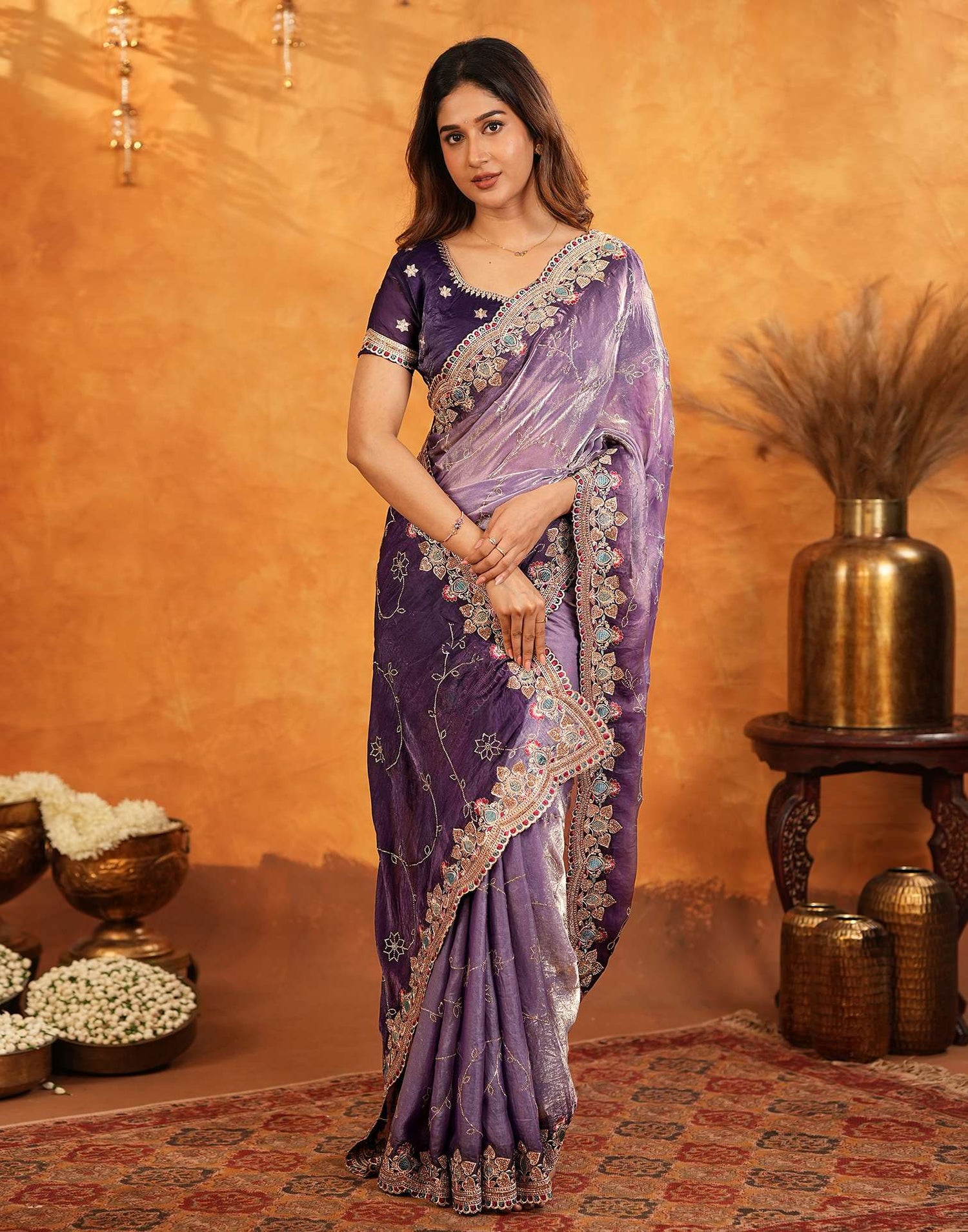 Purple Tissue Silk Stone Work Embroidery Saree