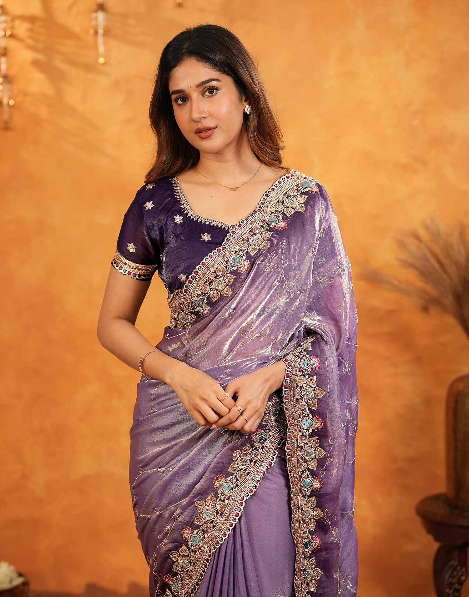 Purple Tissue Silk Stone Work Embroidery Saree
