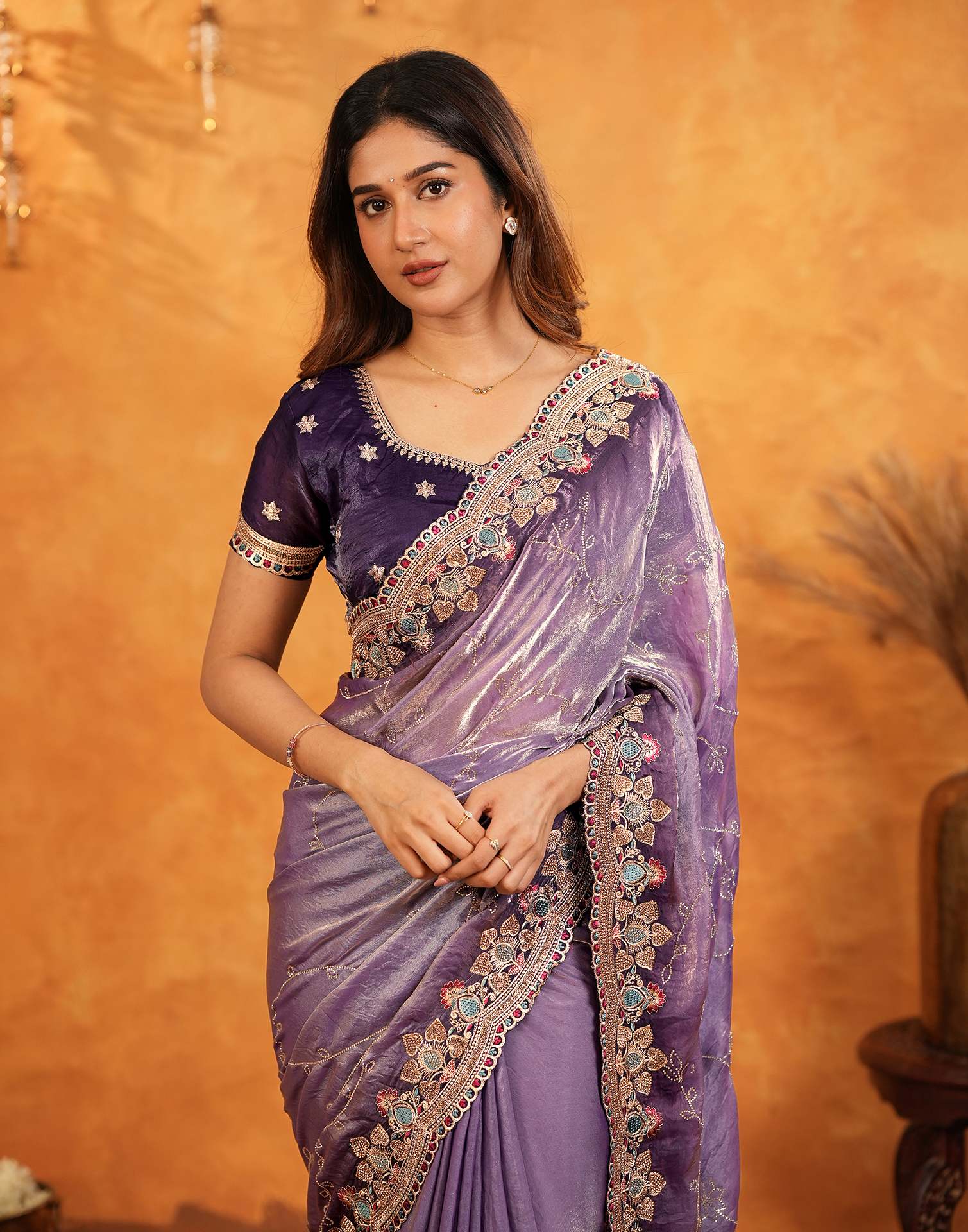 Purple Tissue Silk Stone Work Embroidery Saree