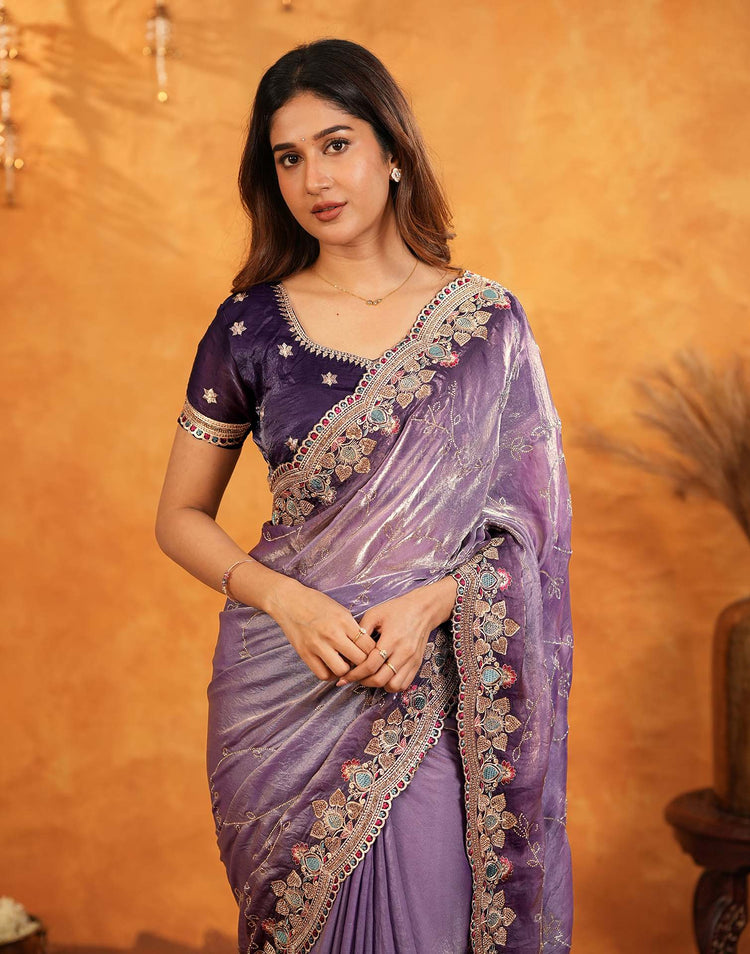 Purple Tissue Silk Stone Work Embroidery Saree