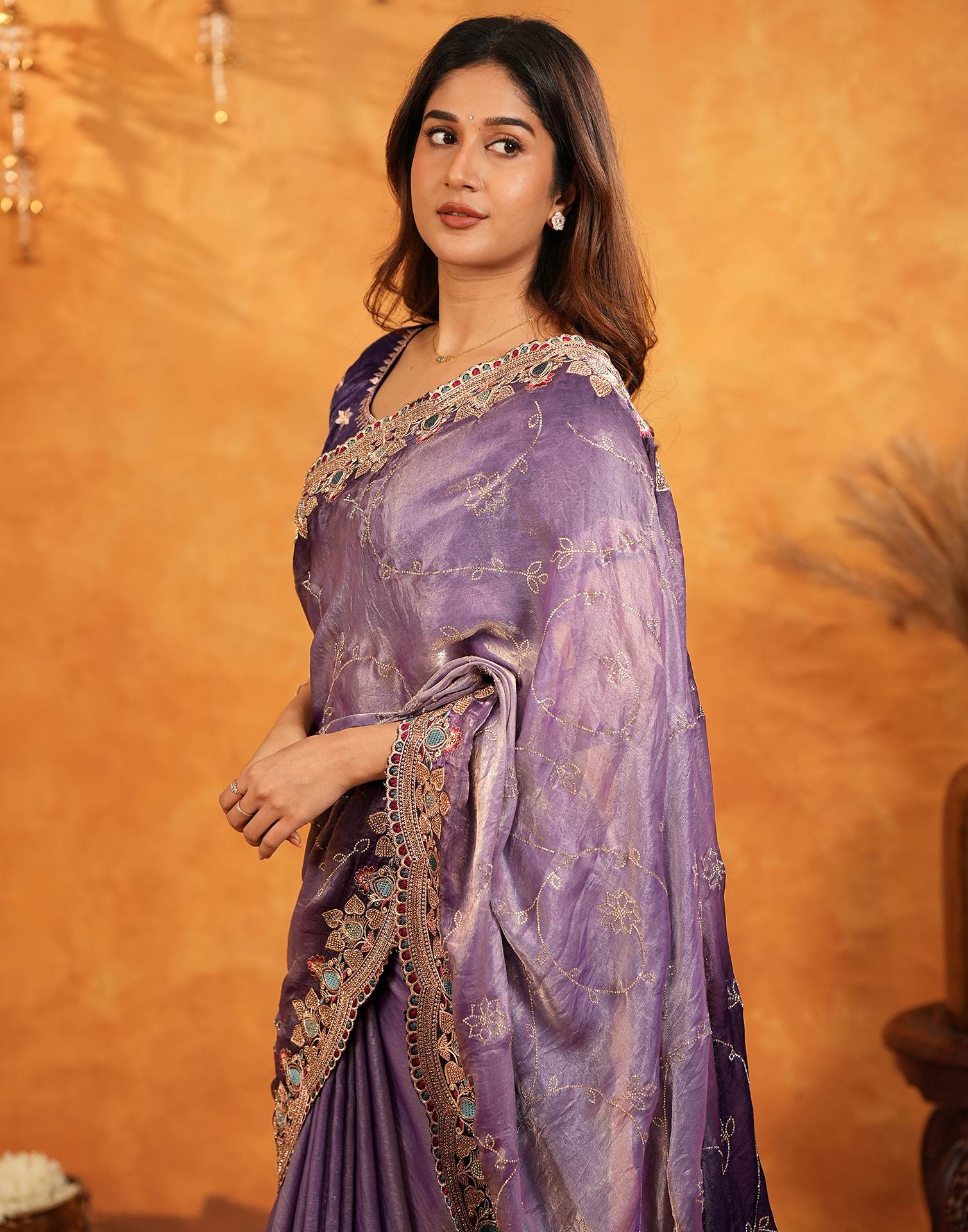 Purple Tissue Silk Stone Work Embroidery Saree