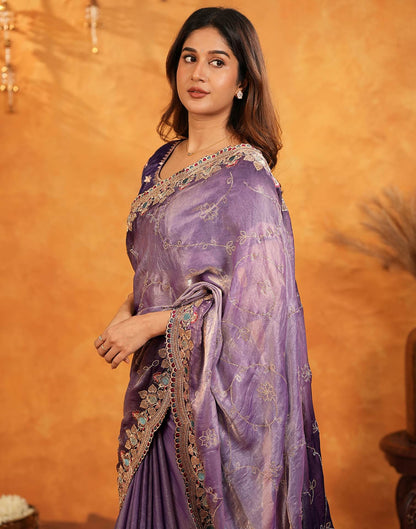Purple Tissue Silk Stone Work Embroidery Saree