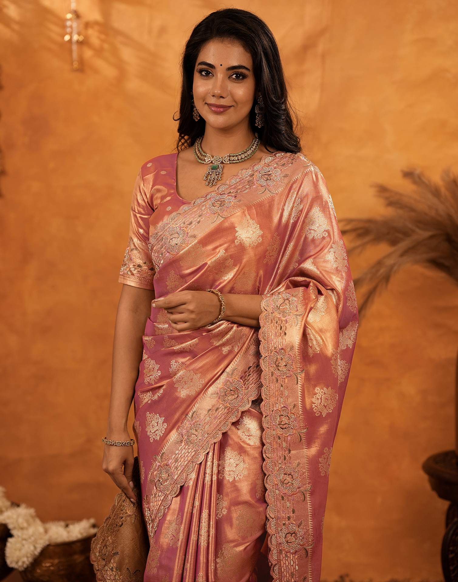 Dusty Rose Pink Silk Woven Embroidery Stone Work Banarasi Saree