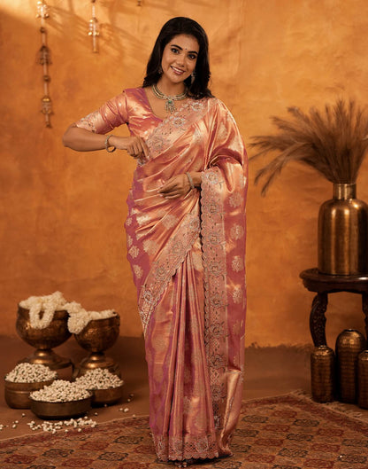 Dusty Rose Pink Silk Woven Embroidery Stone Work Banarasi Saree