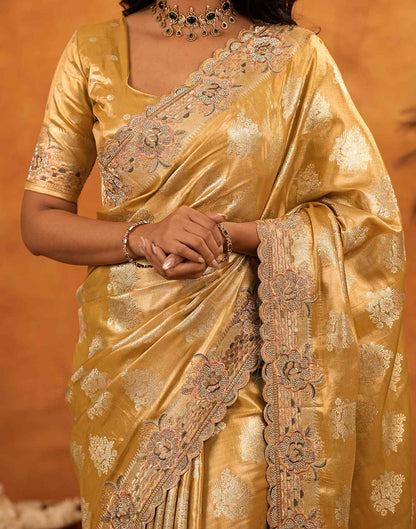 Light Mustard Silk Woven Embroidery Stone Work Banarasi Saree
