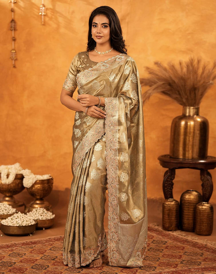 Dark Beige Silk Woven Embroidery Stone Work Banarasi Saree
