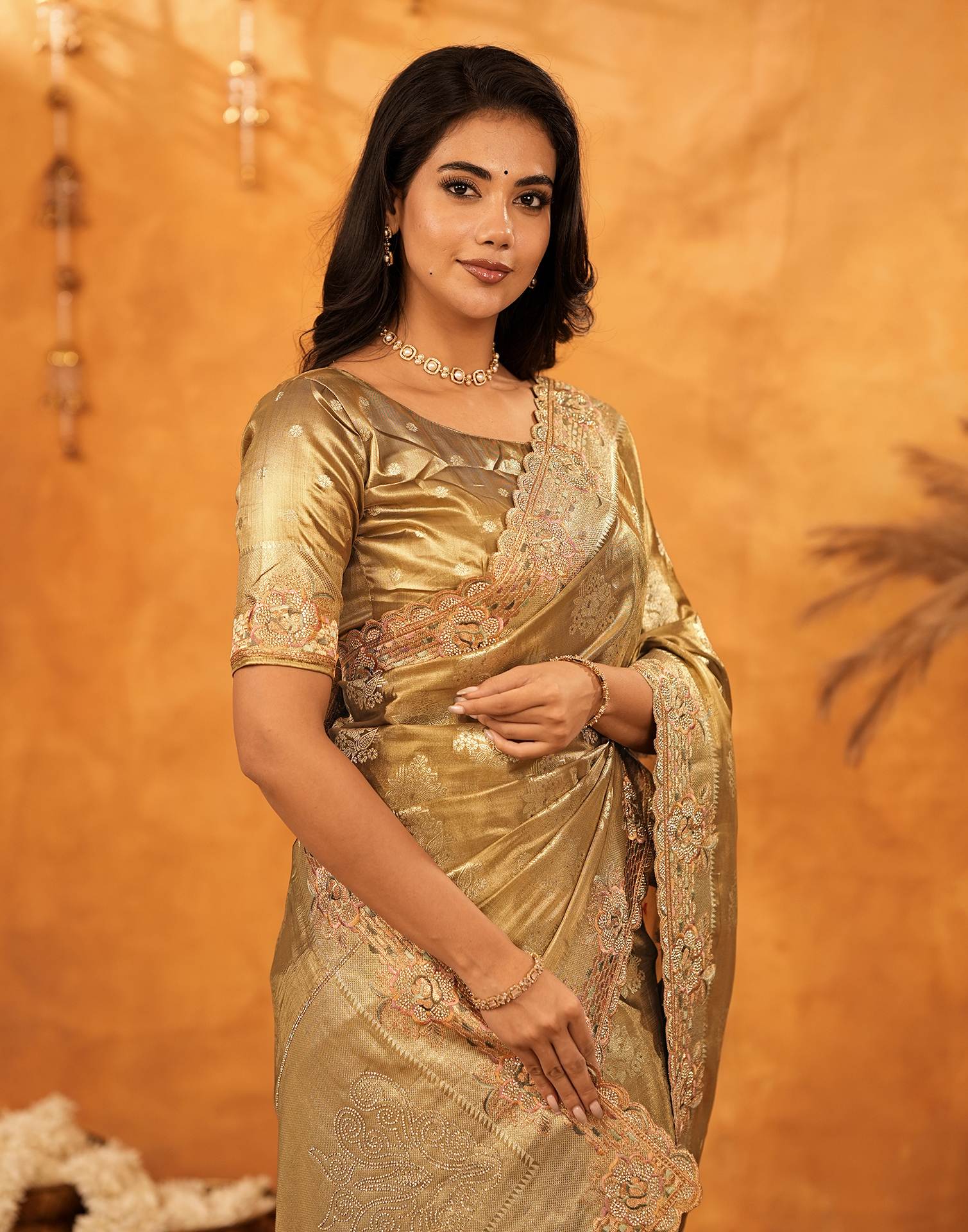 Dark Beige Silk Woven Embroidery Stone Work Banarasi Saree