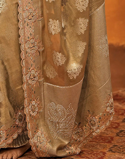 Dark Beige Silk Woven Embroidery Stone Work Banarasi Saree