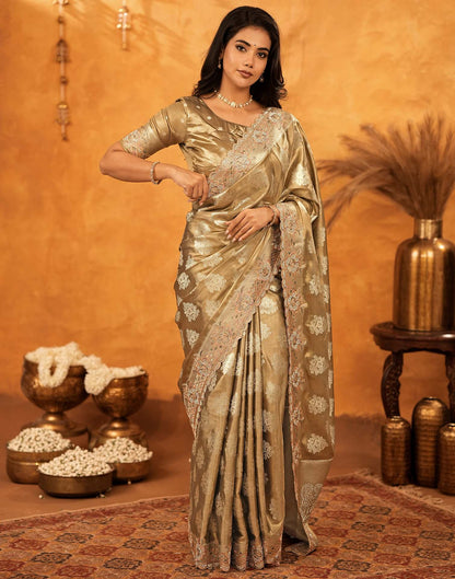 Dark Beige Silk Woven Embroidery Stone Work Banarasi Saree