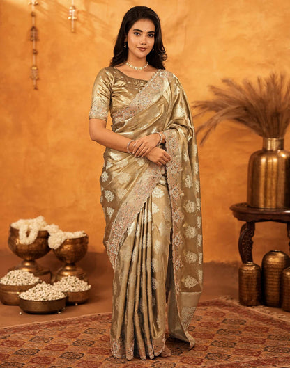 Dark Beige Silk Woven Embroidery Stone Work Banarasi Saree