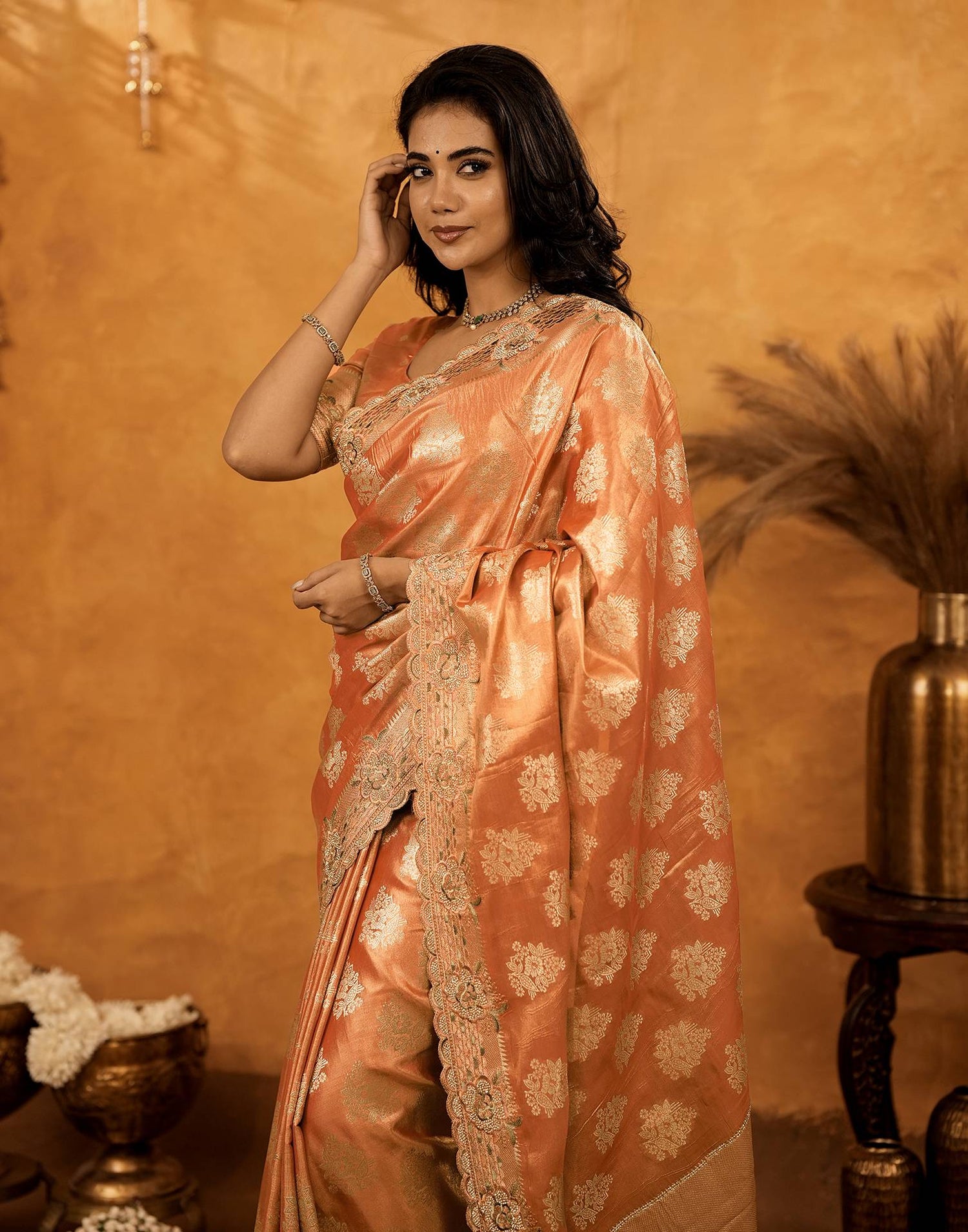 Peach Silk Woven Embroidery Stone Work Banarasi Saree