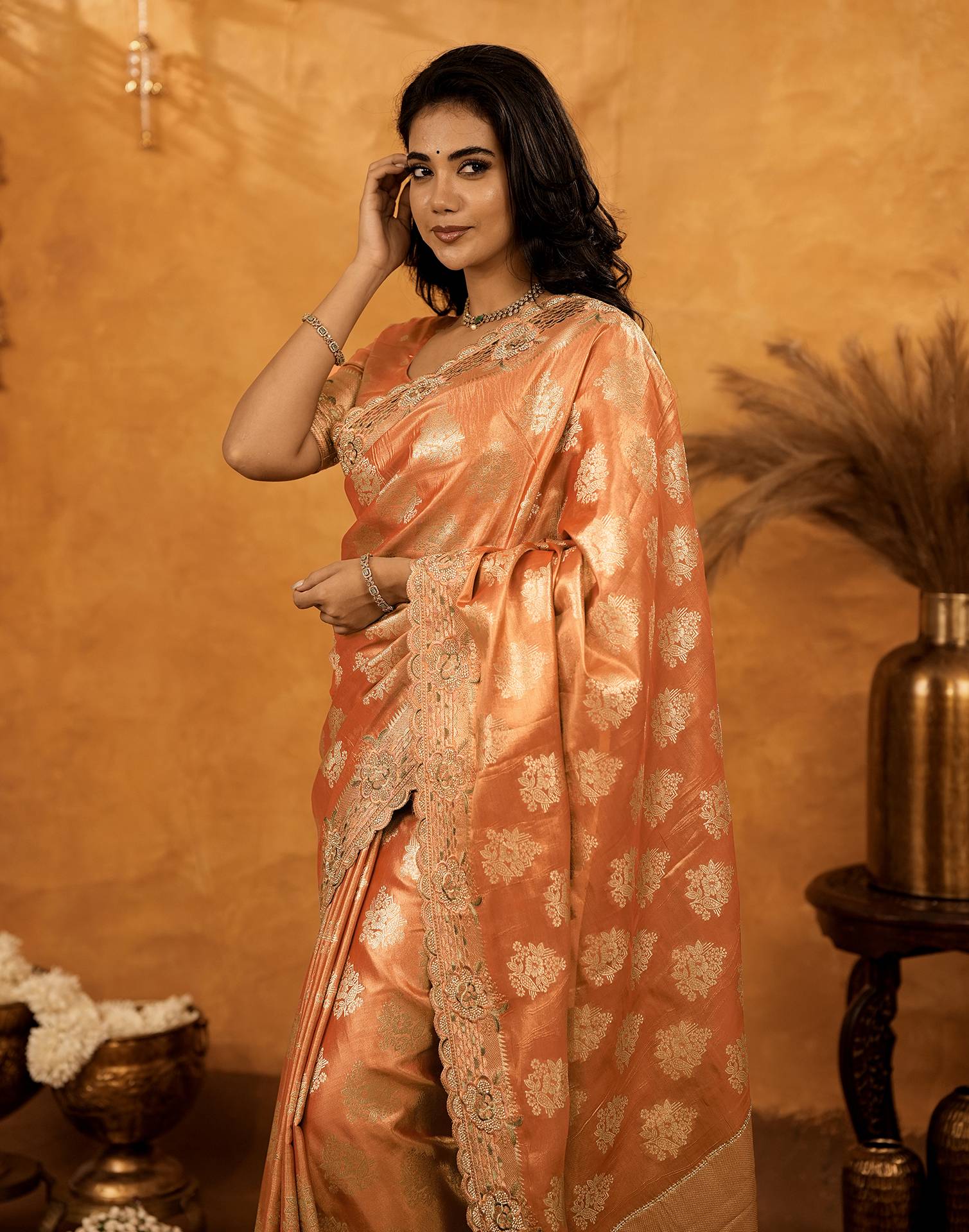 Peach Silk Woven Embroidery Stone Work Banarasi Saree