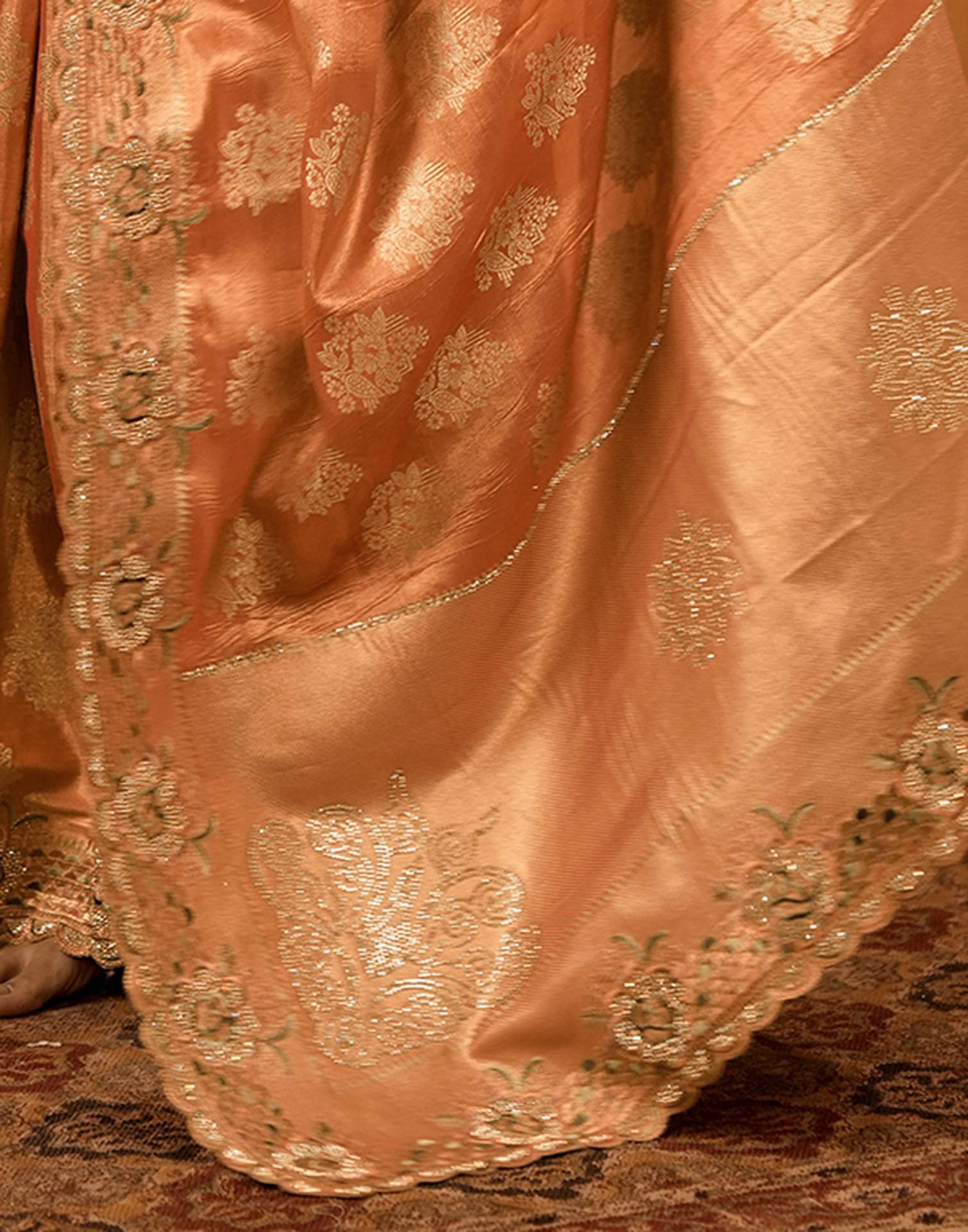 Peach Silk Woven Embroidery Stone Work Banarasi Saree
