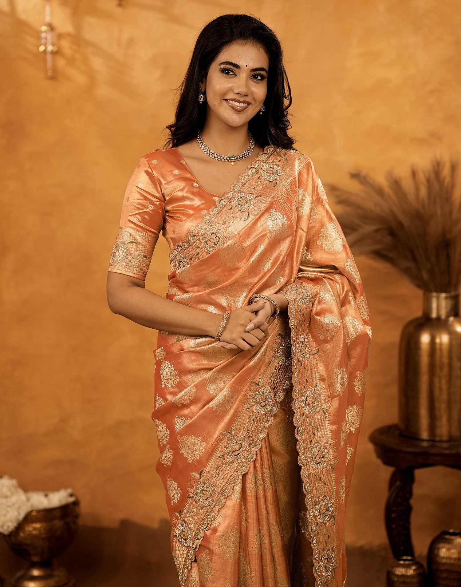 Peach Silk Woven Embroidery Stone Work Banarasi Saree