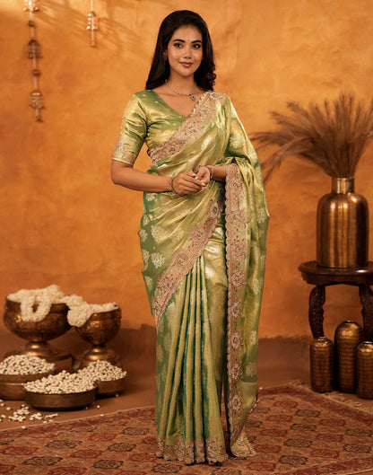 Dark Pista Green Silk Woven Embroidery Stone Work Banarasi Saree