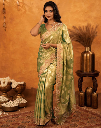 Dark Pista Green Silk Woven Embroidery Stone Work Banarasi Saree