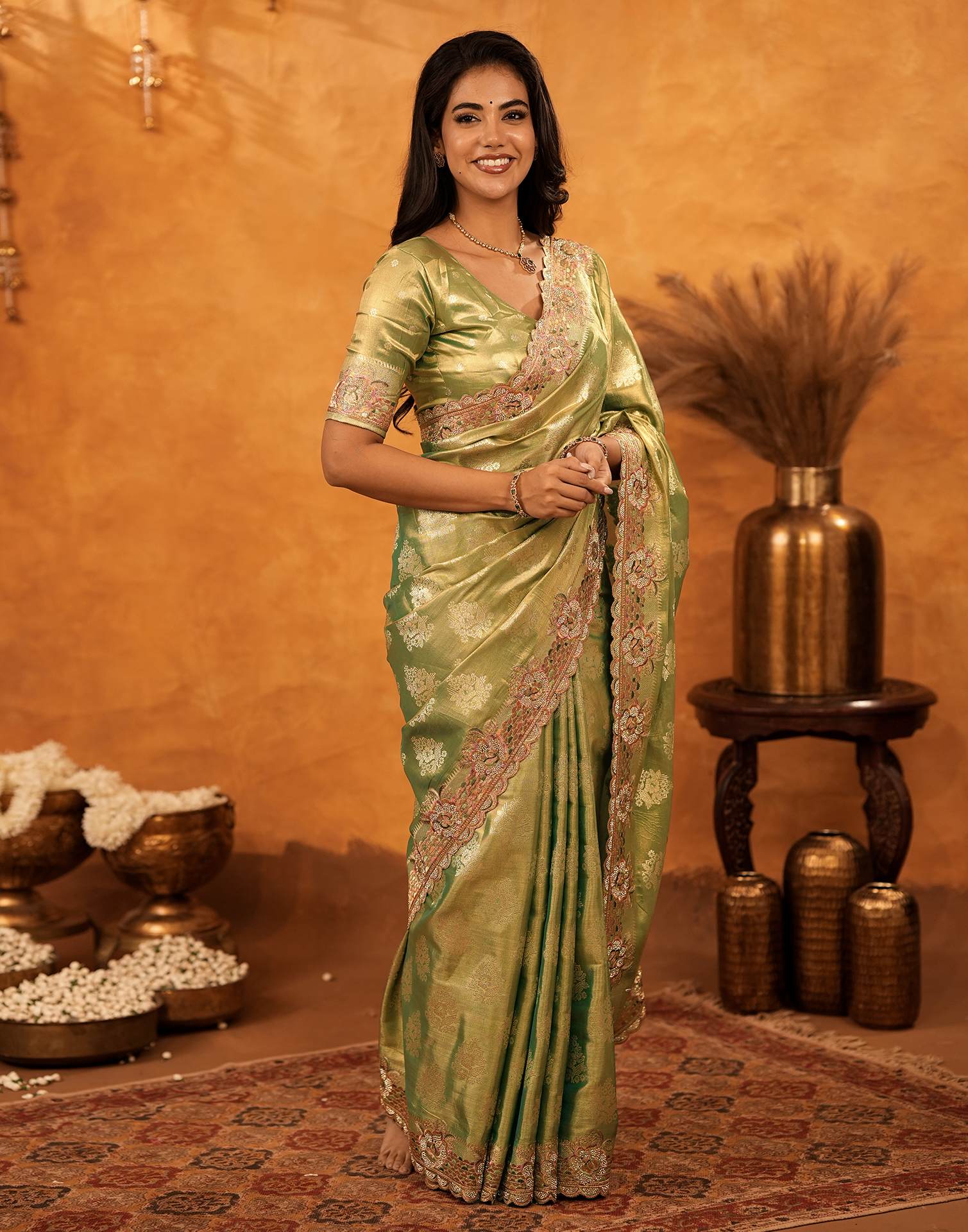 Dark Pista Green Silk Woven Embroidery Stone Work Banarasi Saree