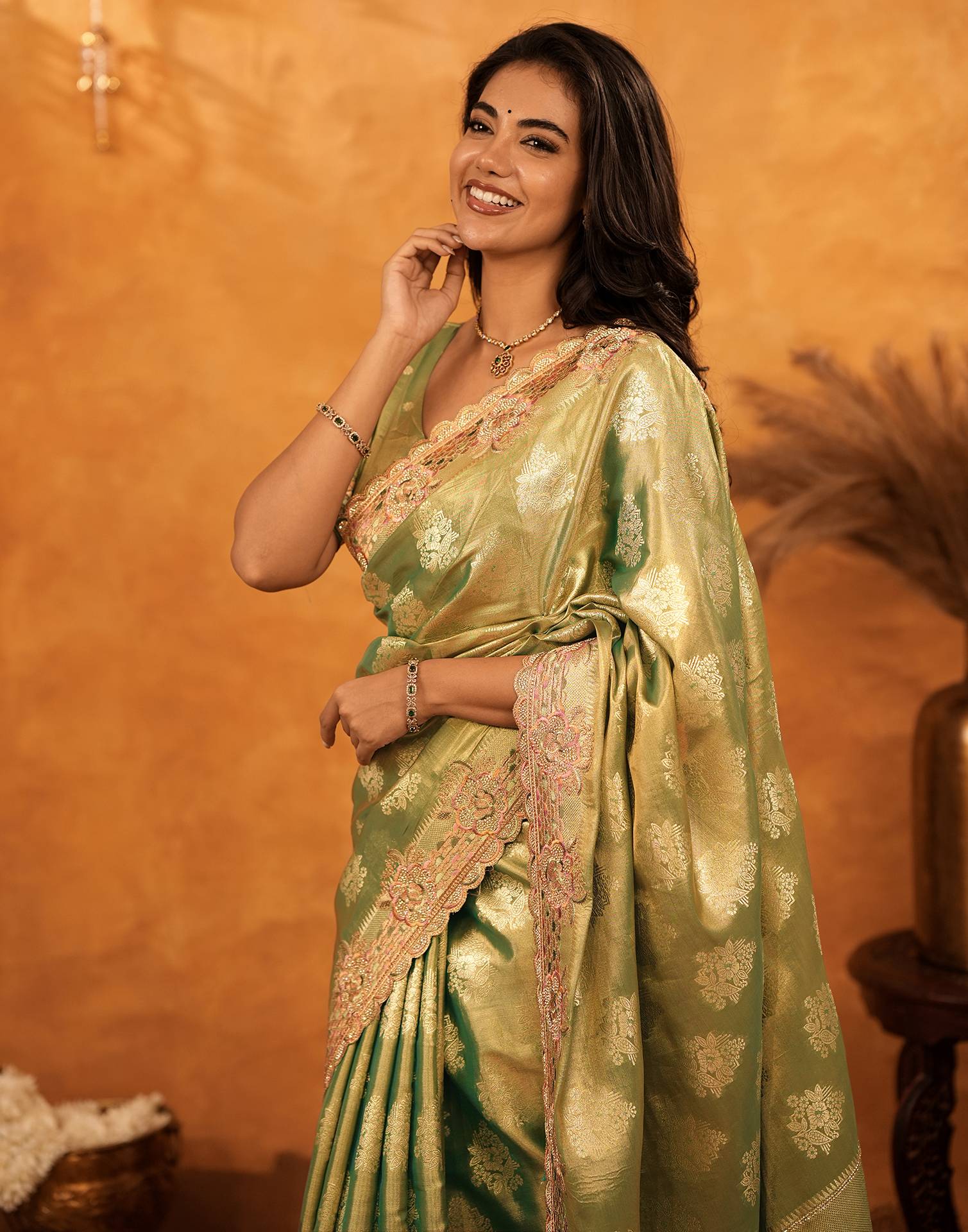 Dark Pista Green Silk Woven Embroidery Stone Work Banarasi Saree
