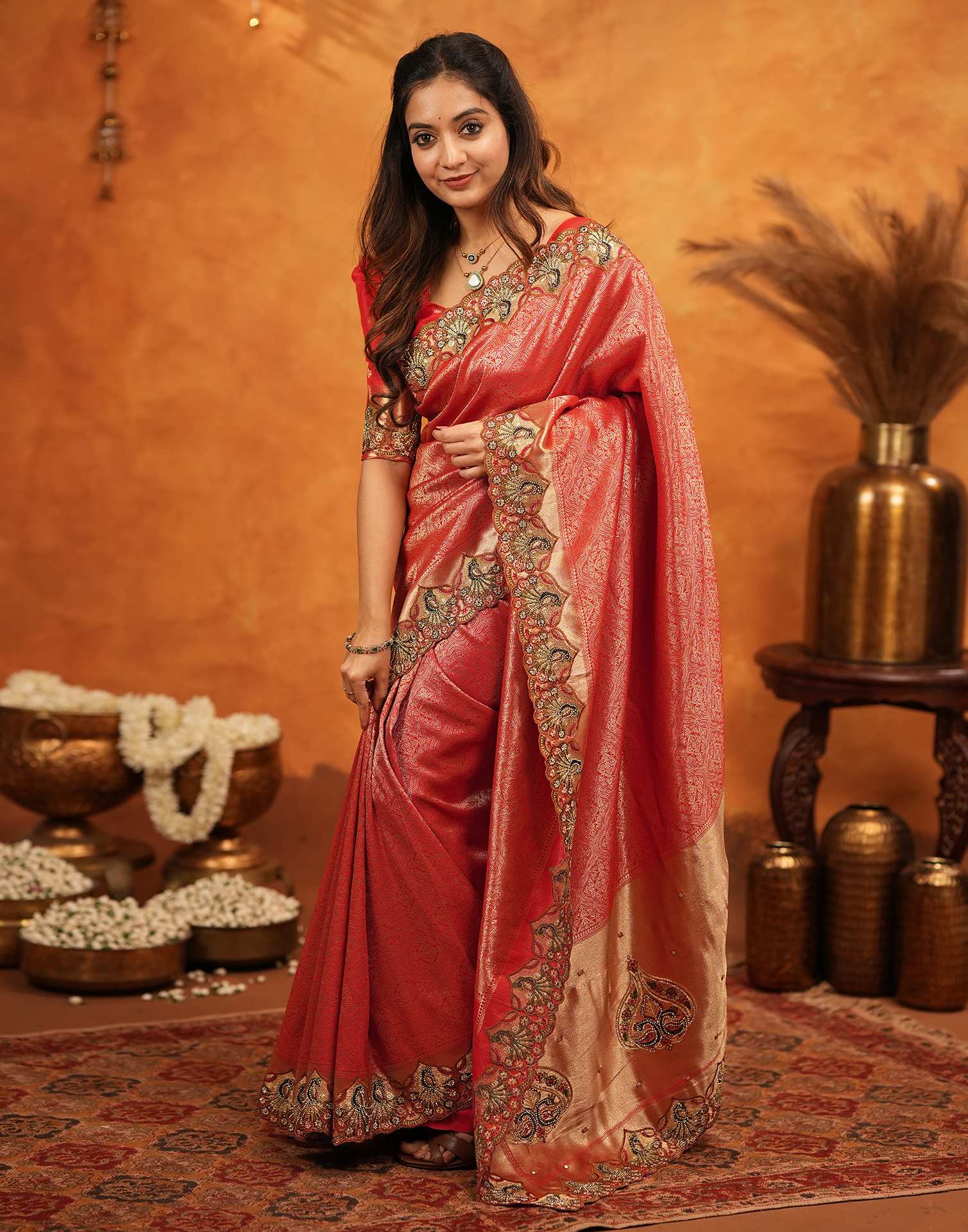 Red Silk Woven Embroidery Stone Work Banarasi Saree