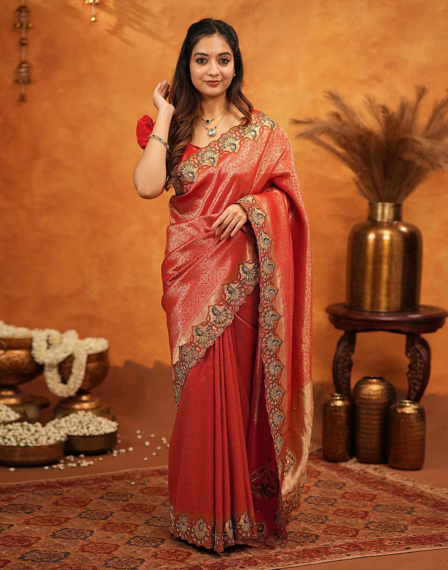 Red Silk Woven Embroidery Stone Work Banarasi Saree