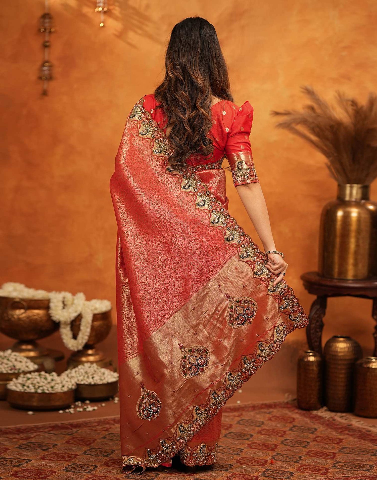 Red Silk Woven Embroidery Stone Work Banarasi Saree