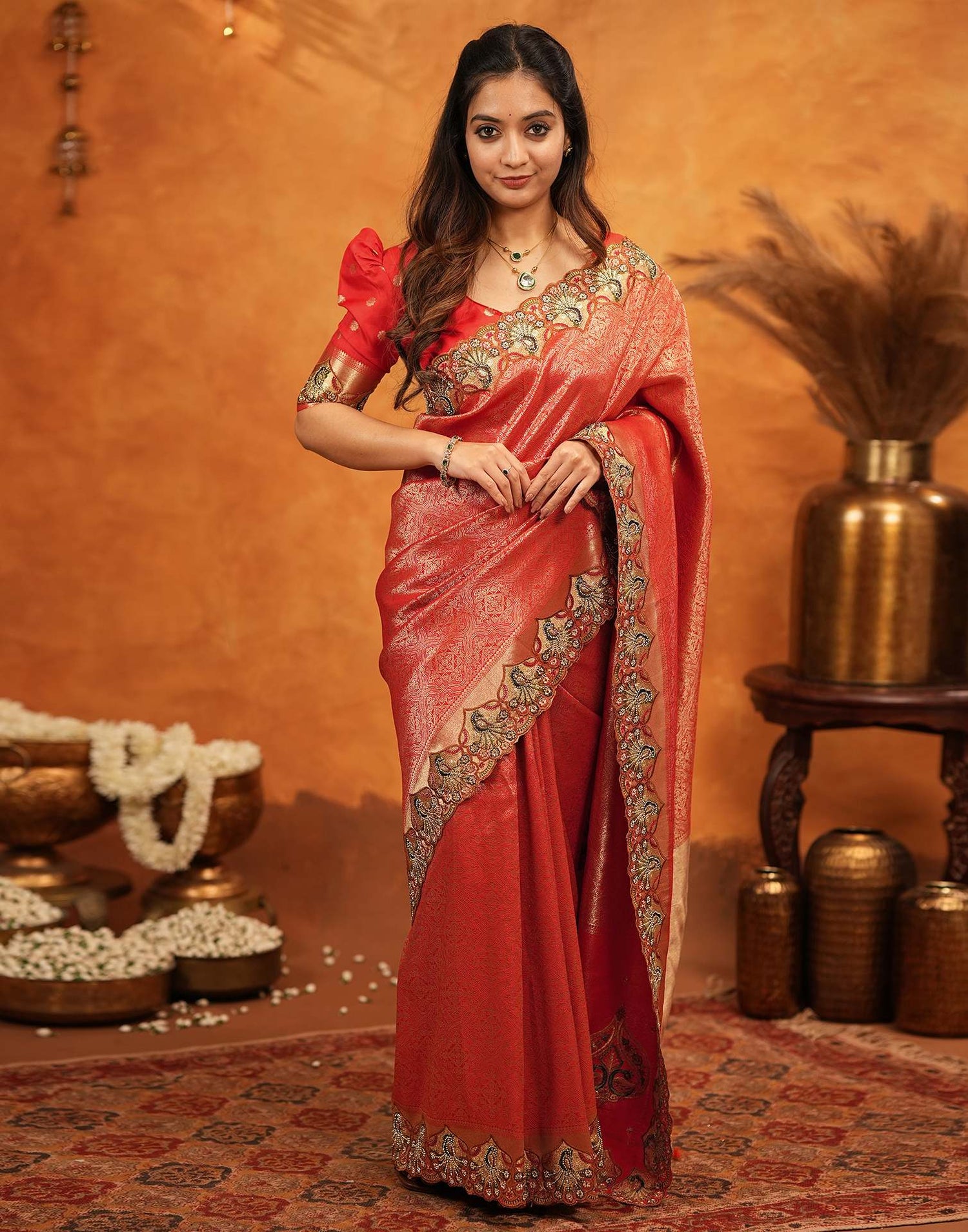 Red Silk Woven Embroidery Stone Work Banarasi Saree
