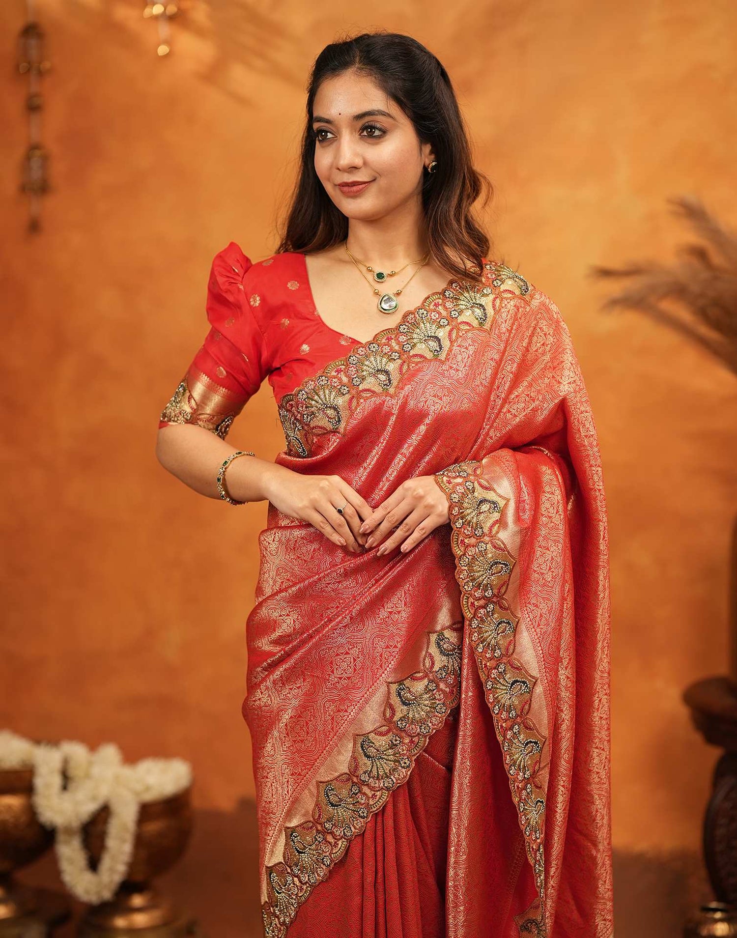 Red Silk Woven Embroidery Stone Work Banarasi Saree