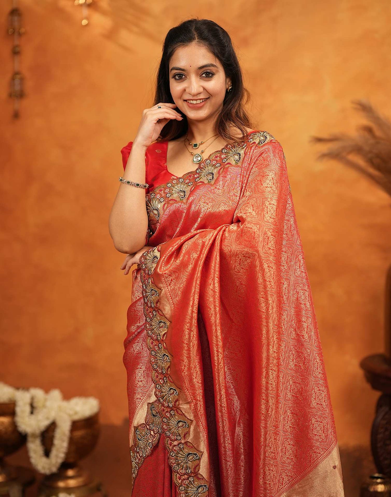Red Silk Woven Embroidery Stone Work Banarasi Saree
