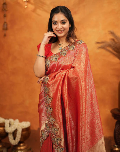 Red Silk Woven Embroidery Stone Work Banarasi Saree