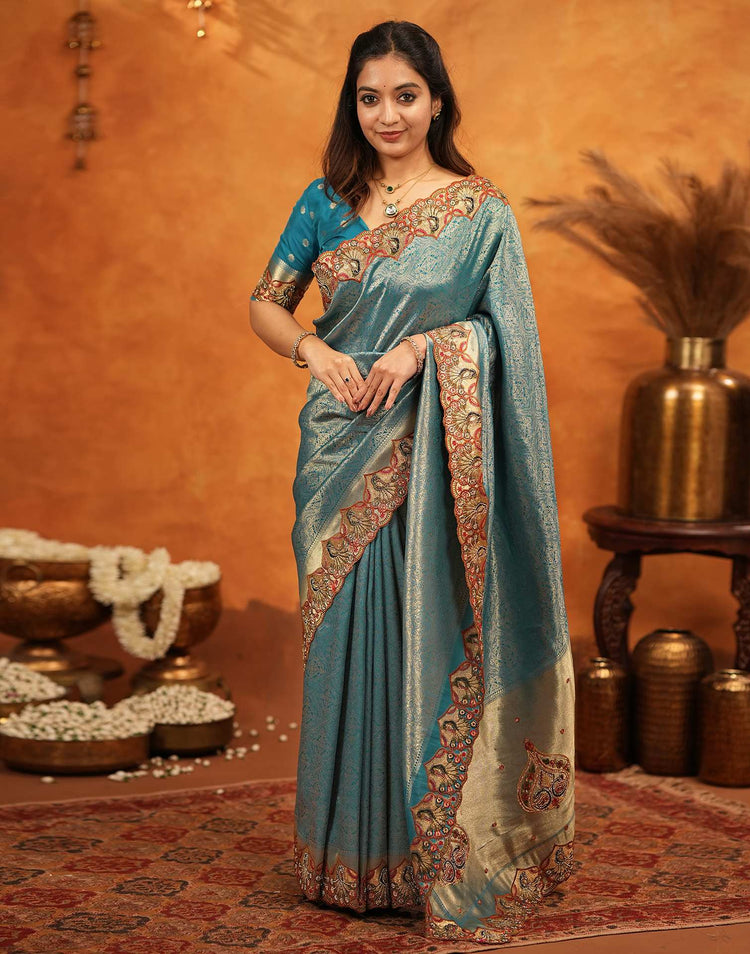Dark Teal Blue Silk Woven Embroidery Stone Work Banarasi Saree