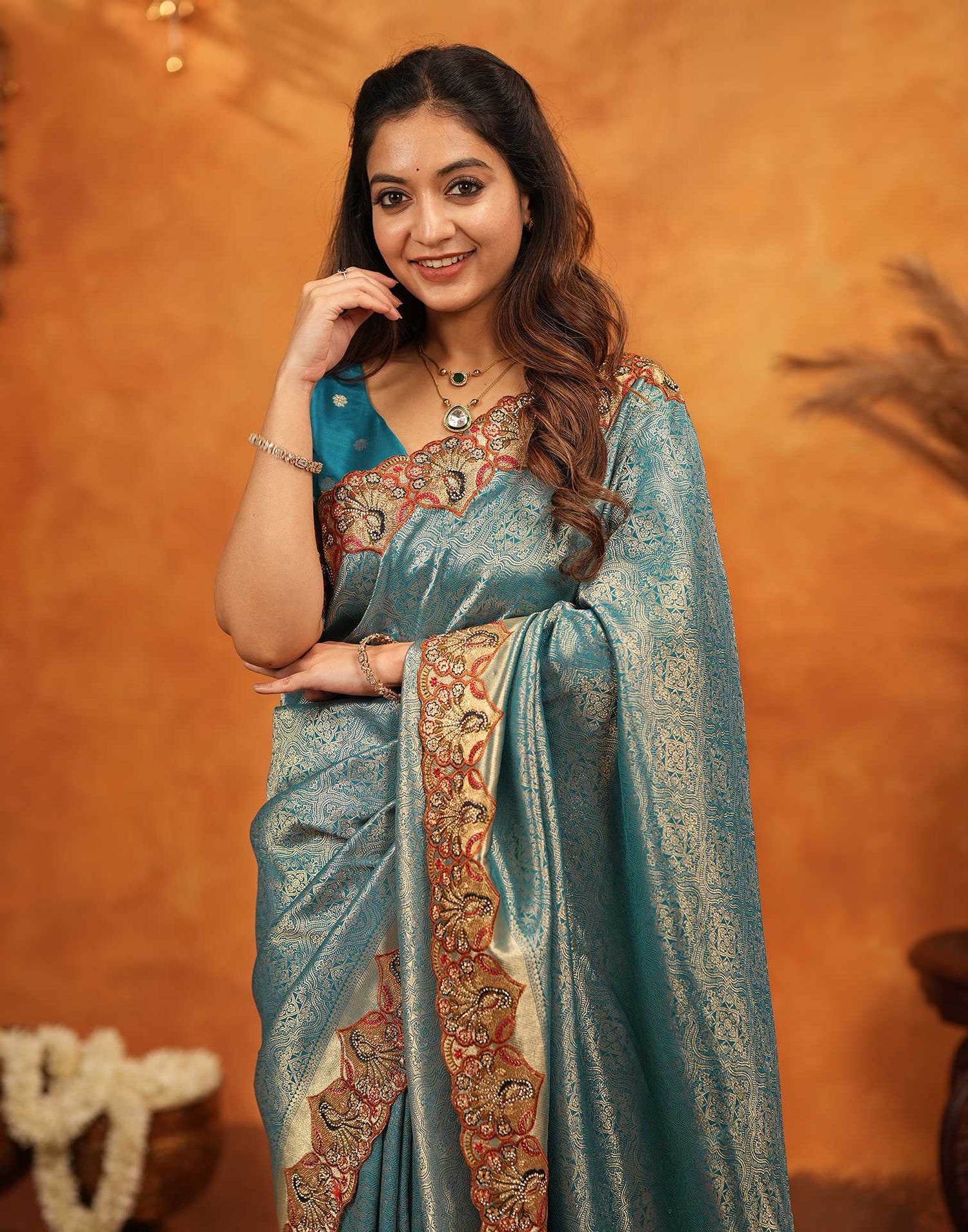Dark Teal Blue Silk Woven Embroidery Stone Work Banarasi Saree