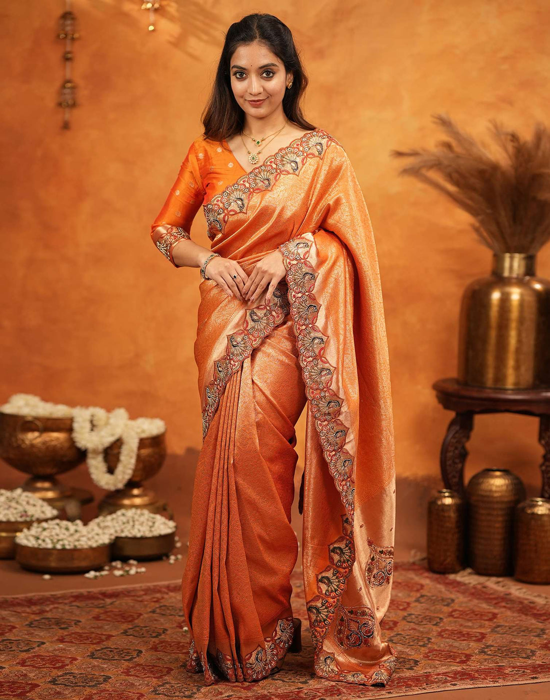 Orange Silk Woven Embroidery Stone Work Banarasi Saree