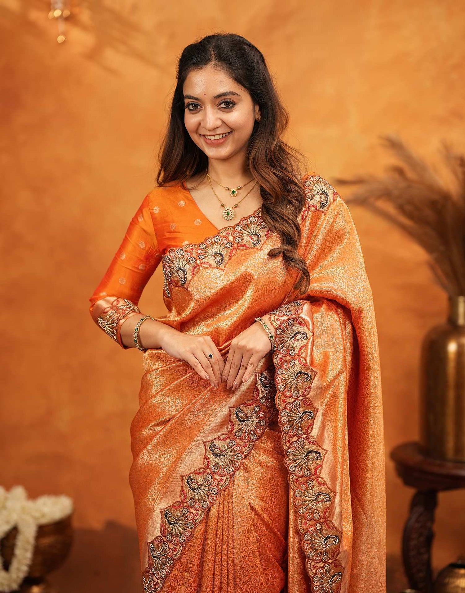 Orange Silk Woven Embroidery Stone Work Banarasi Saree