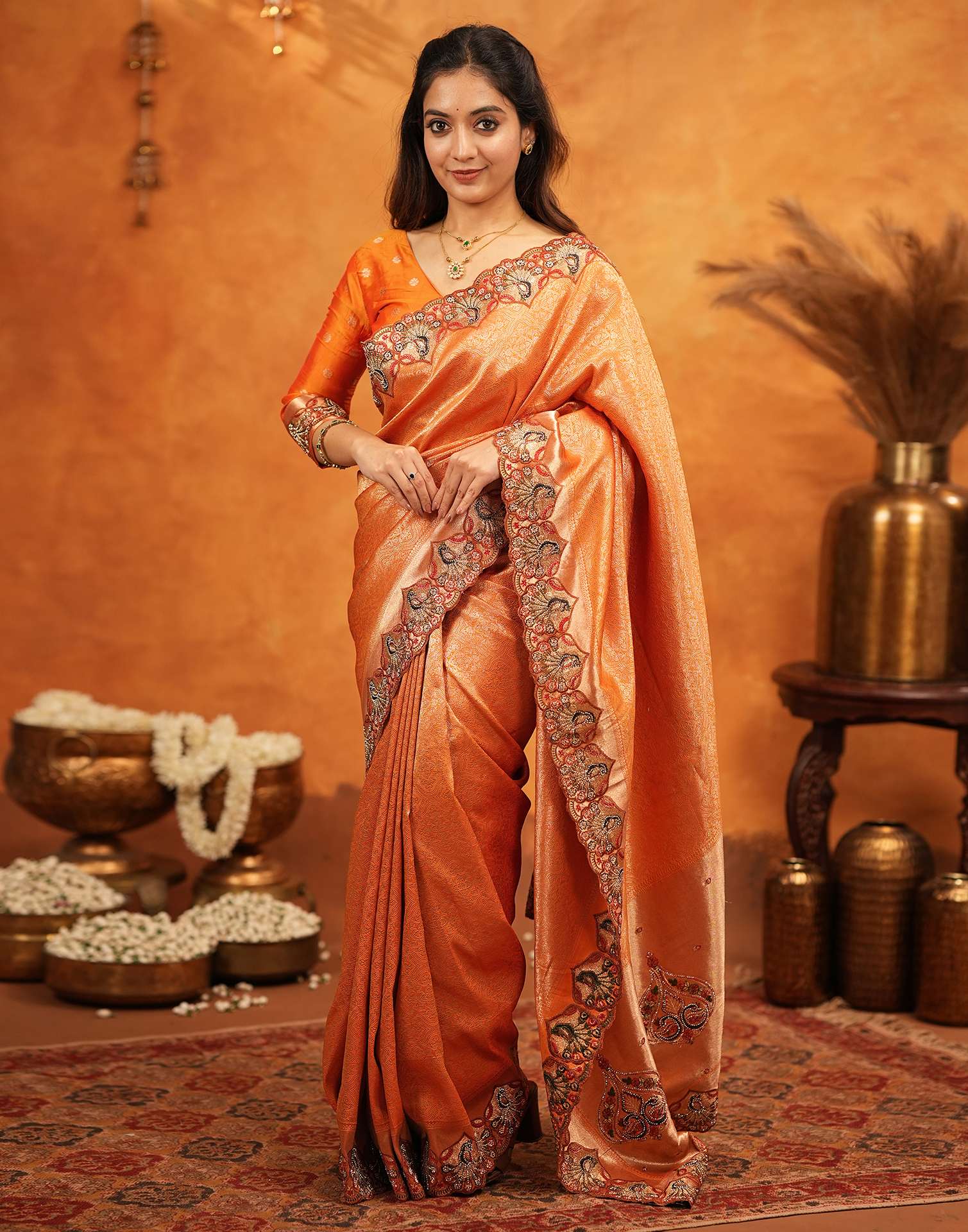Orange Silk Woven Embroidery Stone Work Banarasi Saree
