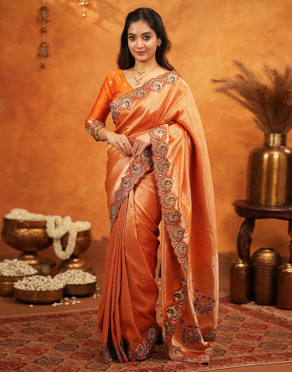 Orange Silk Woven Embroidery Stone Work Banarasi Saree