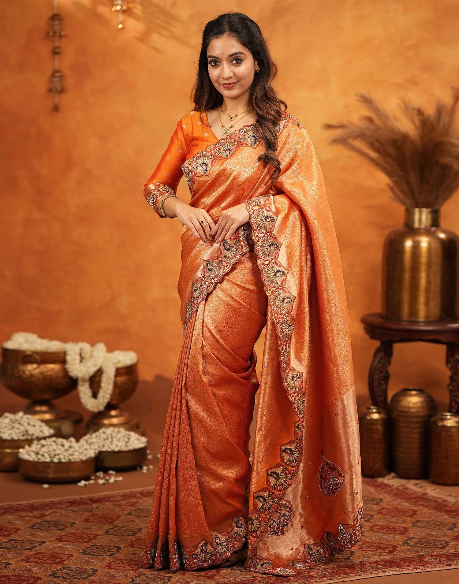 Orange Silk Woven Embroidery Stone Work Banarasi Saree
