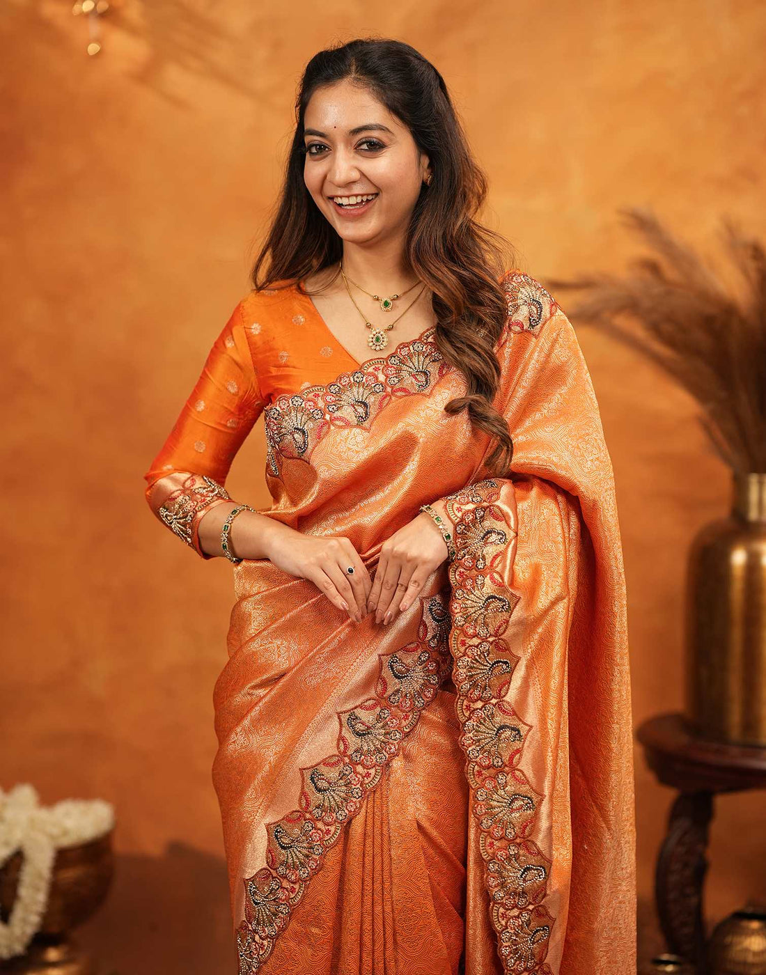 Orange Silk Woven Embroidery Stone Work Banarasi Saree