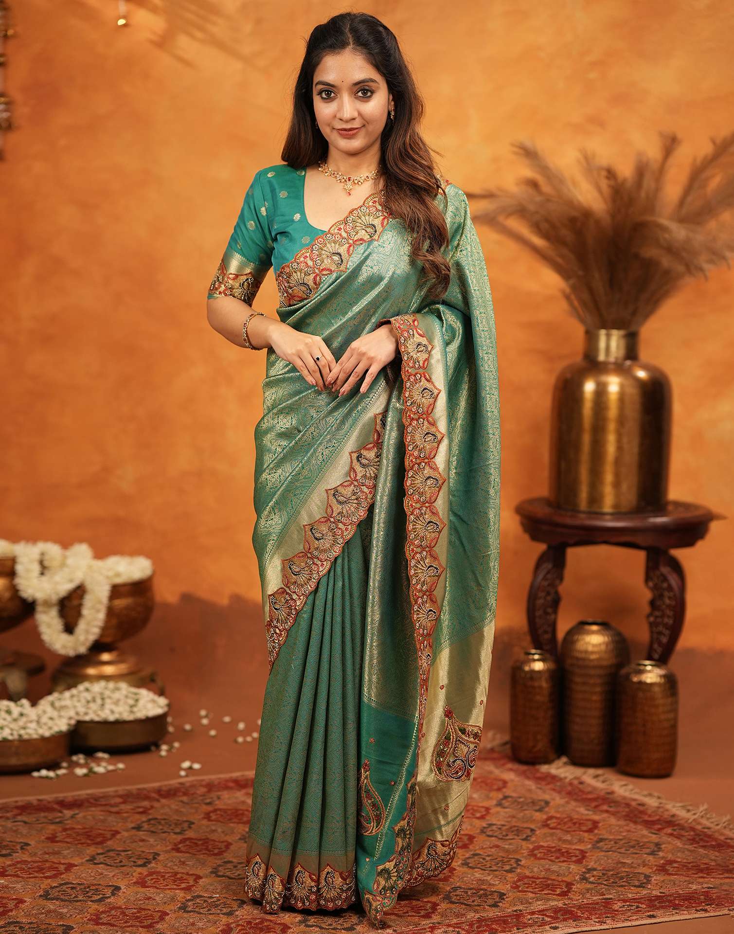 Teal Green Silk Woven Embroidery Stone Work Banarasi Saree
