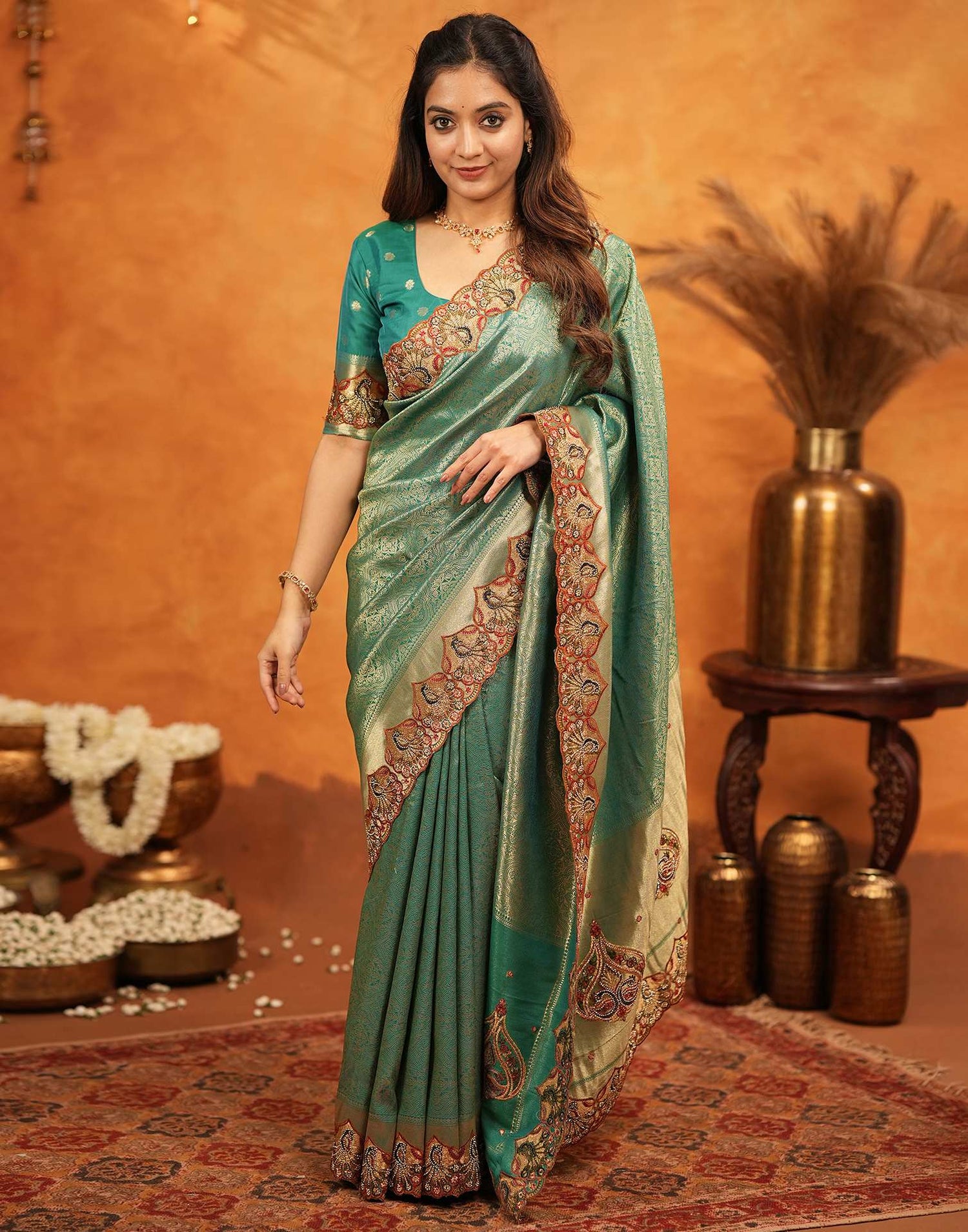 Teal Green Silk Woven Embroidery Stone Work Banarasi Saree