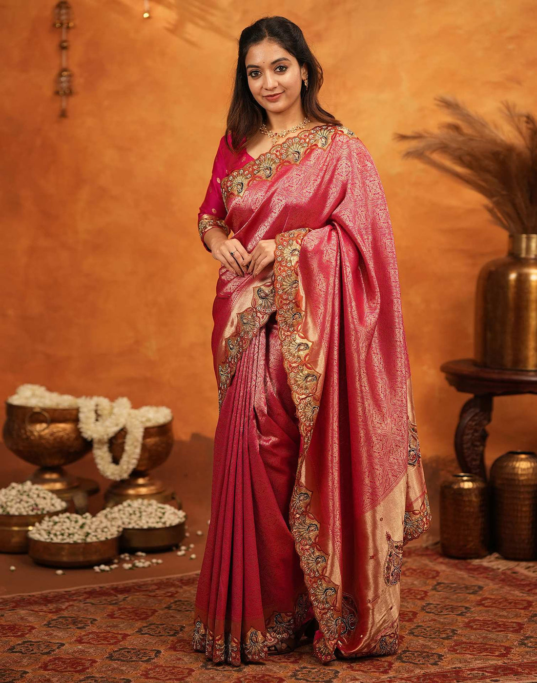 Dark Pink Silk Woven Embroidery Stone Work Banarasi Saree