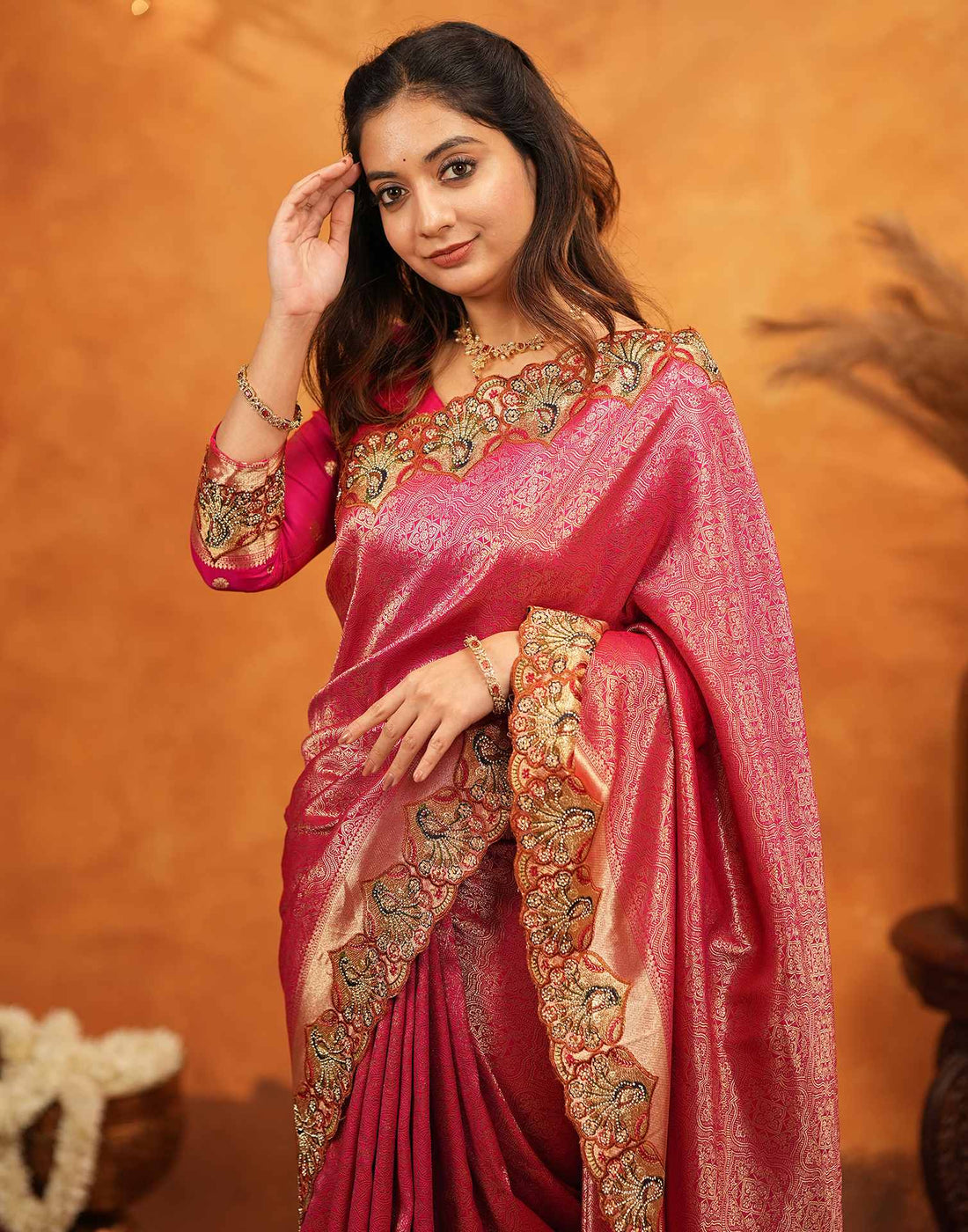 Dark Pink Silk Woven Embroidery Stone Work Banarasi Saree