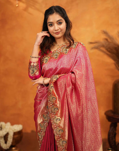 Dark Pink Silk Woven Embroidery Stone Work Banarasi Saree