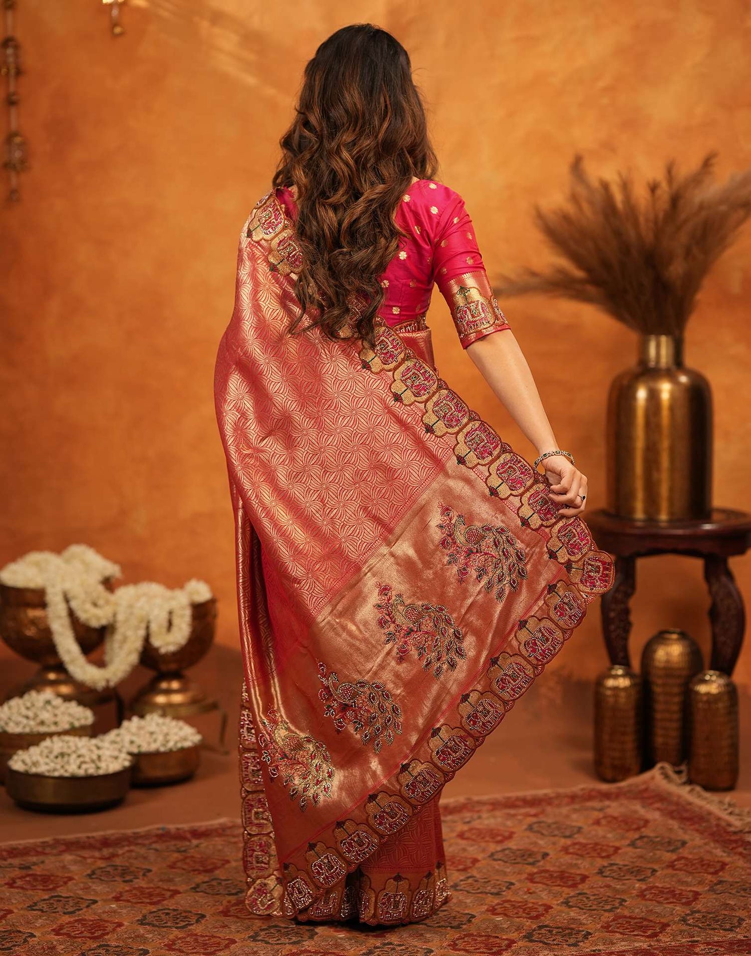 Dark Pink Silk Woven Embroidery Stone Work Banarasi Saree