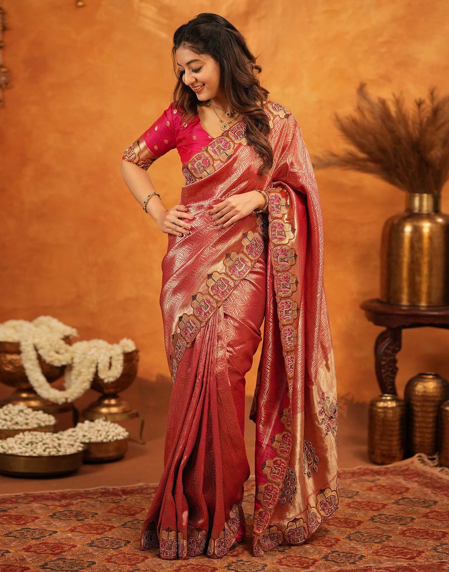 Dark Pink Silk Woven Embroidery Stone Work Banarasi Saree